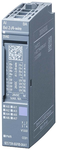 Модуль аналогового ввода Siemens SIMATIC ET 200SP 6ES7134-6GF00-0AA1, 8 каналов, токовые входы 0–20 мА, 4–20 мА или ±20 мА, разрешение 15–16 бит, подключение 2-/4-проводное