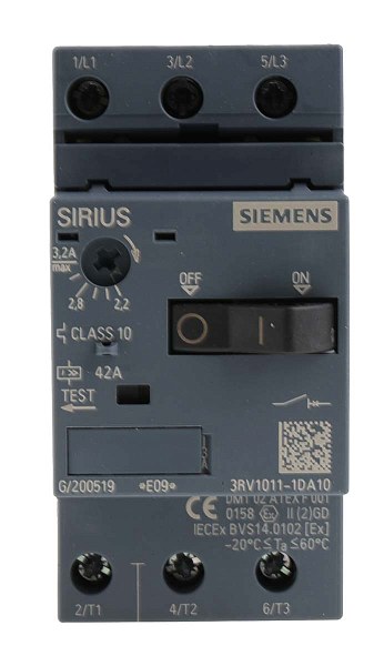 Автоматический выключатель для защиты двигателя Siemens 3RV1011-1DA10, размер S00, тепловой расцепитель 2,2–3,2 А, электромагнитный расцепитель 42 А, винтовые клеммы