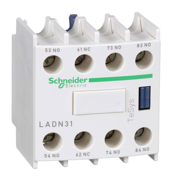Блок вспомогательных контактов Schneider Electric LADN31, 3 НО + 1 НЗ, фронтальный монтаж, винтовые зажимы, для контакторов TeSys D (LC1D09–LC1D150), номинальный ток 10 А, степень защиты IP20