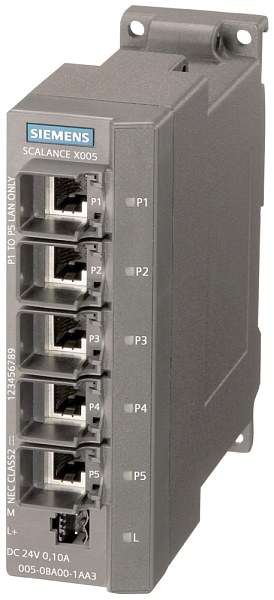 Промышленный коммутатор Siemens SCALANCE X005TS 6GK5005-0BA00-1CA3, неуправляемый, 5 портов 10/100 Мбит/с RJ45 с фиксирующими втулками, светодиагностика, питание 24 В DC, степень защиты IP30, расширенный температурный диапазон от -40 °C до +75 °C