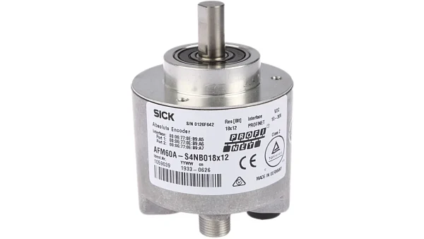 Энкодер абсолютный многоборотный SICK AFM60A-S4NB018X12, интерфейс PROFINET, 18-битное разрешение (262144 шагов на оборот), 12-битное число оборотов (4096), вал 10 мм, питание 10–30 В DC, степень защиты IP65/IP67.