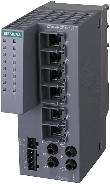 Промышленный коммутатор Siemens SCALANCE XC106-2 6GK5106-2BB00-2AC2, 6 портов RJ45 10/100 Мбит/с, 2 порта BFOC 100 Мбит/с для многомодового оптоволокна, питание 24 В DC