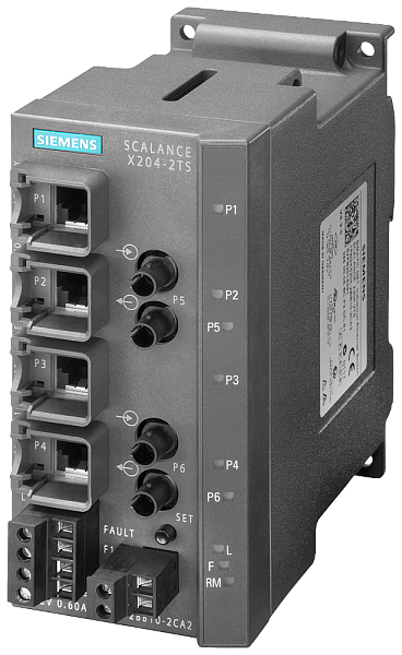 Промышленный коммутатор Siemens SCALANCE X204-2TS 6GK5204-2BB10-2CA2, управляемый, 4 порта 10/100 Мбит/с RJ45, 2 порта 100 Мбит/с многомодовый BFOC