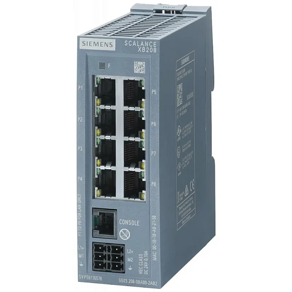 Промышленный коммутатор Siemens SCALANCE XB208 6GK5208-0BA00-2TB2, управляемый, 8 портов 10/100 Мбит/с RJ45, 1 консольный порт, светодиагностика, поддержка резервного питания