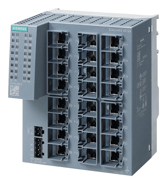 Промышленный коммутатор Siemens SCALANCE XC124 6GK5124-0BA00-2AC2, неуправляемый, 24 порта 10/100 Мбит/с RJ45, светодиагностика, сигнальный контакт с кнопкой установки, резервное питание