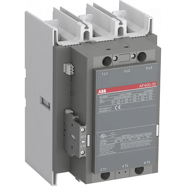 Контактор ABB AF400-30-11 1SFL577001R7011, 3-полюсный, номинальный ток 600 А, мощность 200 кВт, катушка 100–250 В AC/DC, 3 нормально открытых контакта