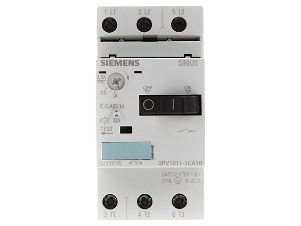 Автоматический выключатель для защиты двигателя Siemens 3RV1011-1CA10, размер S00, тепловой расцепитель 1,8–2,5 А, электромагнитный расцепитель 33 А, винтовые клеммы