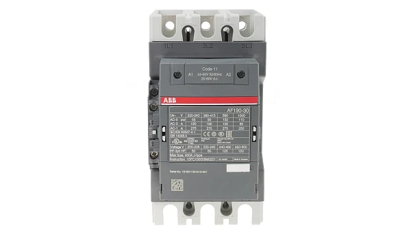 Контактор ABB AF190-30-00-11, 3-полюсный, серия AF, номинальный ток 190 А, катушка 116–370 В AC/DC.