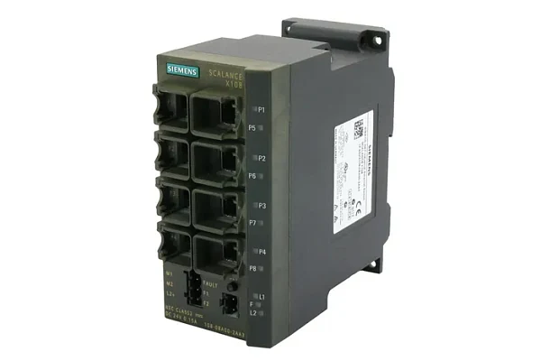 Промышленный коммутатор Siemens SCALANCE X108 6GK5108-0BA00-2AA3, неуправляемый, 8 портов 10/100 Мбит/с RJ45, светодиагностика, сигнальный контакт с кнопкой установки, резервное питание