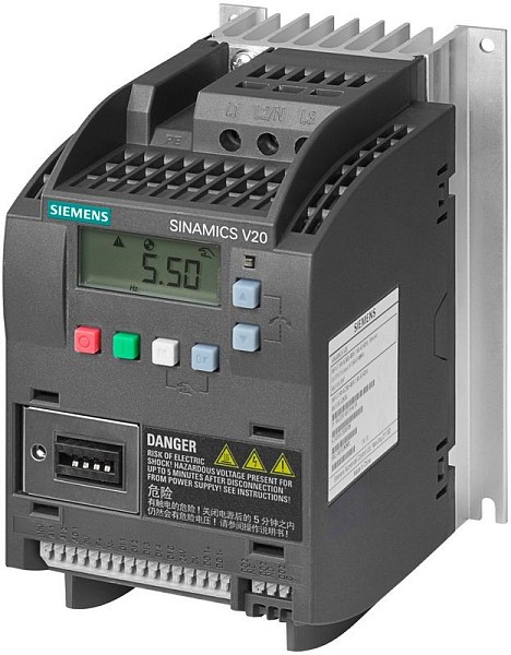Частотный преобразователь Siemens SINAMICS V20 6SL3210-5BB17-5UV0, мощность 0,75 кВт, напряжение 200–240 В AC, 1 фаза, степень защиты IP20.