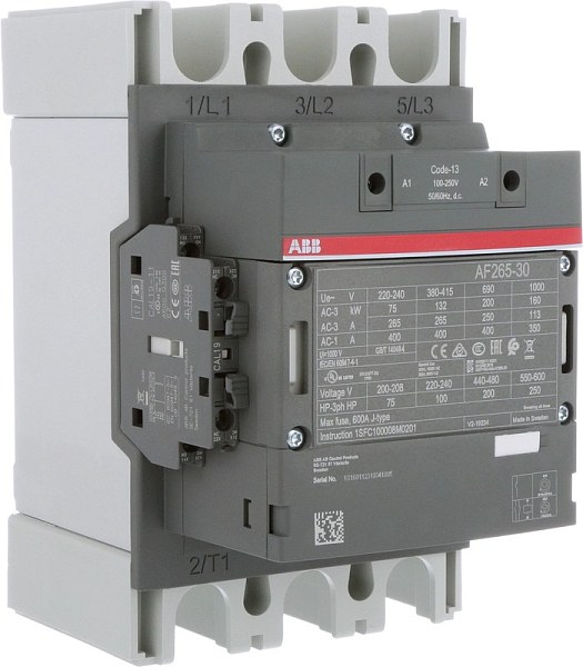 Контактор ABB AF265-30-11-13, 3-полюсный, номинальный ток 265 А, мощность 160 кВт, катушка 250 В AC/DC, напряжение до 1 кВ, установка на DIN-рейку.