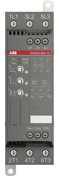 Устройство плавного пуска ABB PSR25-600-70, номинальный ток 25 А, напряжение 208–600 В AC, напряжение управления 100–240 В AC, мощность 11 кВт при 400 В, встроенный байпас, степень защиты IP20