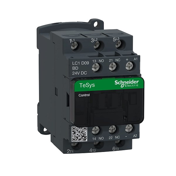 Контактор Schneider Electric LC1D09BD, 3-полюсный, 9 А, 24 В DC, 1 НО + 1 НЗ вспомогательные контакты, катушка с низким энергопотреблением, монтаж на DIN-рейку
