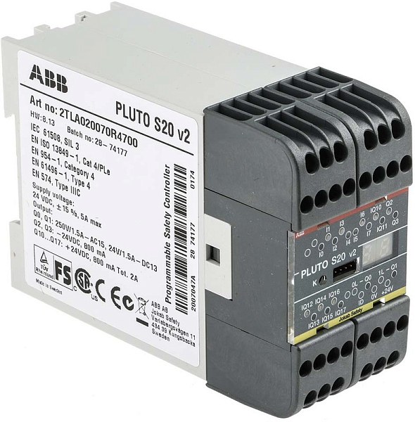 Контроллер безопасности ABB 2TLA020070R4700 Pluto S20 v2, серия 2TLA, 16 входов безопасности, 4 выхода безопасности, 24 V DC
