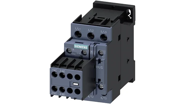 Контактор Siemens 3RT2024-1AP04, 3-полюсный, номинальный ток 12 А, мощность 5,5 кВт при 400 В, напряжение катушки управления 230 В AC 50 Гц, вспомогательные контакты 2NO+2NC, винтовые клеммы