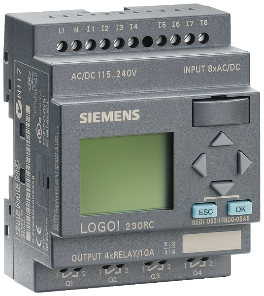 Логический модуль Siemens LOGO! 230 RC, 6ED1052-1FB00-0BA6, 8 дискретных входов, 4 релейных выхода, питание 115/230 В AC/DC, дисплей, память на 200 блоков, модульная расширяемость