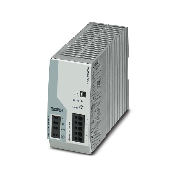 Источник питания Phoenix Contact TRIO-PS-2G/3AC/24DC/20, выходное напряжение 24 В DC, выходной ток 20 А, входное напряжение 3AC 400–500 В, монтаж на DIN-рейку.