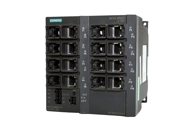 Промышленный коммутатор Siemens SCALANCE X116 6GK5116-0BA00-2AA3, неуправляемый, 16 портов 10/100 Мбит/с RJ45, светодиагностика, сигнальный контакт с кнопкой установки, резервное питание