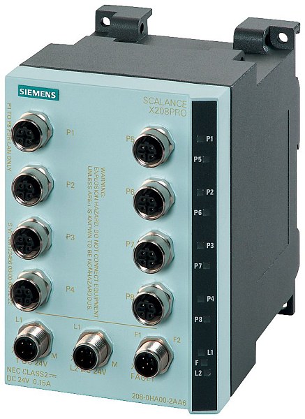 Промышленный коммутатор Siemens SCALANCE X208PRO 6GK5208-0HA10-2AA6, управляемый, 8 портов 10/100 Мбит/с M12, степень защиты IP65/67