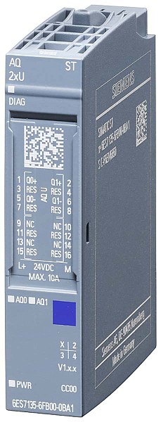 Модуль аналогового вывода Siemens SIMATIC ET 200SP AQ 2xU Standard 6ES7135-6FB00-0BA1, 2 канала напряжения, 16 бит, диагностика модуля, цветовой код CC00