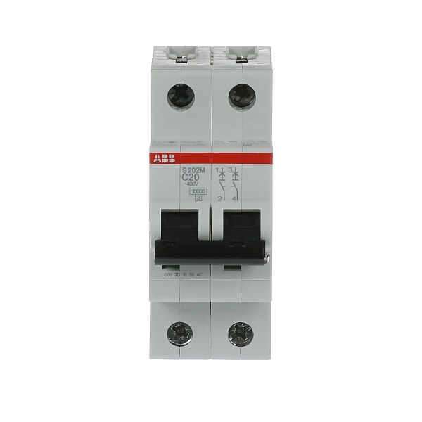 Автоматический выключатель ABB S202M-C20 2TAZ117200R0204, 20 А, 2 полюса, характеристика C, 400 В