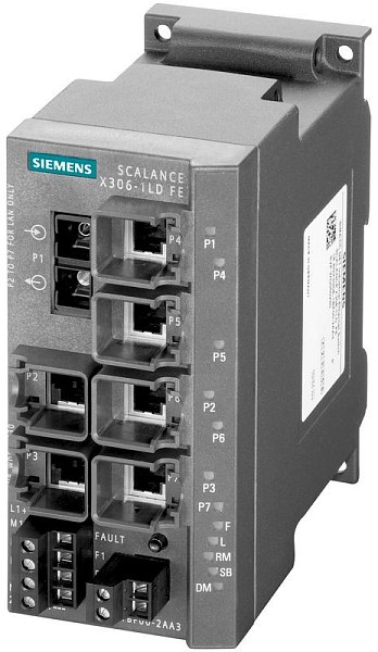 Промышленный коммутатор Siemens SCALANCE X306-1LD 6GK5306-1BF00-2AA3, управляемый, 6 портов 10/100 Мбит/с RJ45, 1 порт 100 Мбит/с SC одномодовый, питание 24 В DC