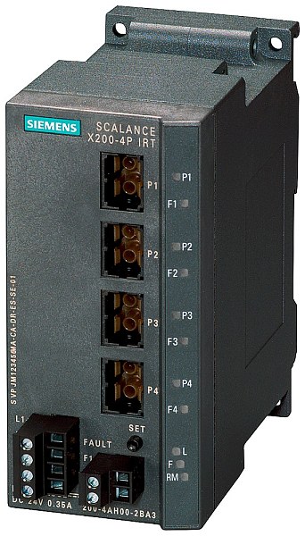 Промышленный коммутатор Siemens SCALANCE X200-4P IRT 6GK5200-4AH00-2BA3, управляемый, 4 порта 100 Мбит/с SC-RJ для полимерного оптоволокна, поддержка Isochronous Real-Time (IRT), класс PROFINET C, питание 24 В DC