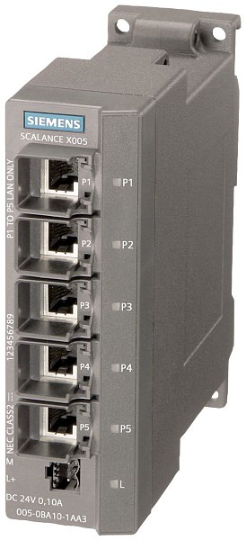 Промышленный коммутатор Siemens SCALANCE X005 6GK5005-0BA10-1AA3, неуправляемый, 5 портов RJ45 10/100 Мбит/с, диагностика LED, IP30, питание 24 В DC, температурный диапазон -40...+75 °C