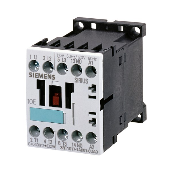Контактор Siemens 3RT1016-1AD01, 3-полюсный, 9 А, 4 кВт при 400 В, катушка управления 110 В AC, 1 НО контакт, типоразмер S00, винтовые клеммы