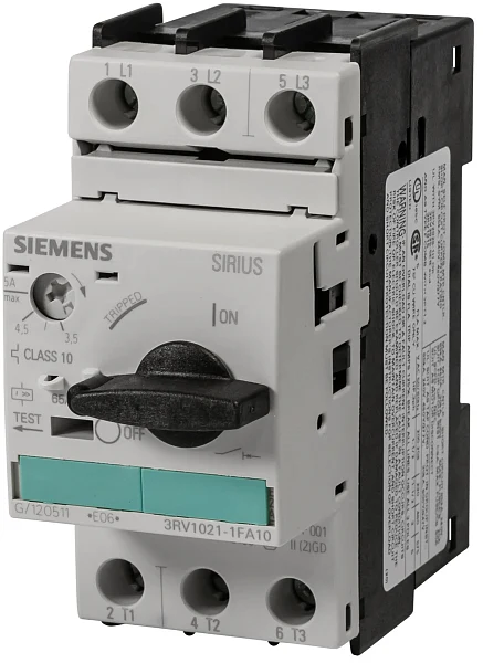 Автоматический выключатель Siemens 3RV1021-1FA10, размер S0, тепловой расцепитель 3,5–5 А, электромагнитный расцепитель 65 А, винтовые клеммы, стандартная коммутационная способность