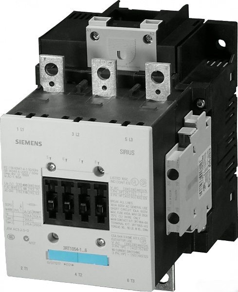 Контактор Siemens 3RT1054-6AP36, AC-3, 55 кВт, 400 В, управление AC/DC, 2 NO + 2 NC, 3 полюса, размер S6