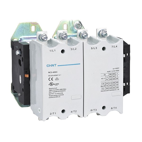 Контактор CHINT NC2-400, 3-полюсный, 400 А, катушка 220 В AC, номинальное напряжение 690 В, частота 50/60 Гц, степень защиты IP00, монтаж на DIN-рейку