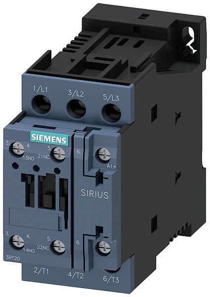 Контактор Siemens 3RT2027-1BB40-0CC0, 3-полюсный, 32 А, 15 кВт при 400 В, катушка управления 24 В DC, вспомогательные контакты 1 NO + 1 NC, винтовые клеммы