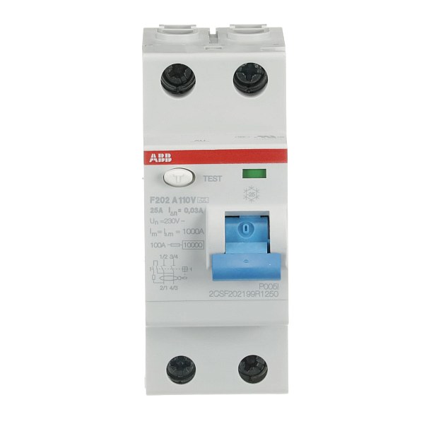 УЗО ABB F202 A-25/0.03 110V 2CSF202199R1250, 25 А, 2 полюса, тип A, ток утечки 30 мА, 110 В