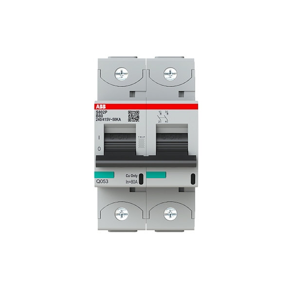 Автоматический выключатель ABB S802P-B80 2CCG001217R0001, 80 А, 2 полюса, характеристика B, 400 В