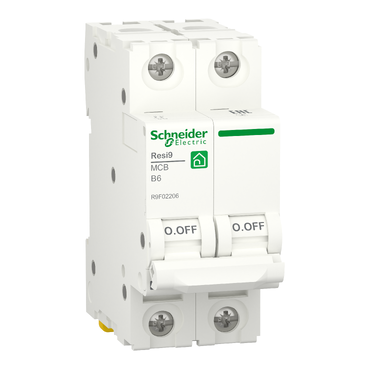 Автоматический выключатель Schneider Electric RESI9 R9F02206, 2-полюсный, 6 А, характеристика B, 6000 А