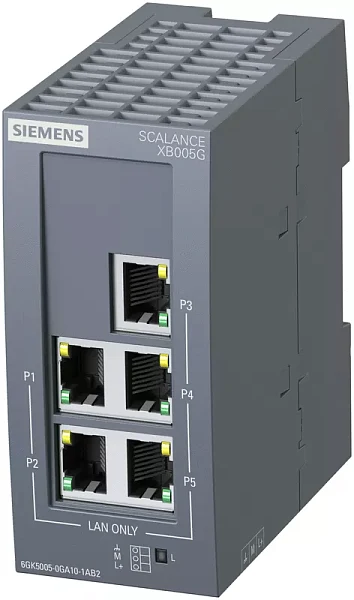 Промышленный коммутатор Siemens SCALANCE XB005G 6GK5005-0GA10-1AB2, неуправляемый, 5 портов 10/100/1000 Мбит/с RJ45, светодиагностика, питание 24 В DC, степень защиты IP20