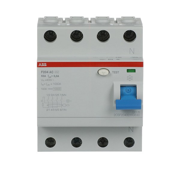 УЗО ABB F204 AC-63/0.3 2CSF204001R3630, 63 А, 4 полюса, тип AC, ток утечки 300 мА