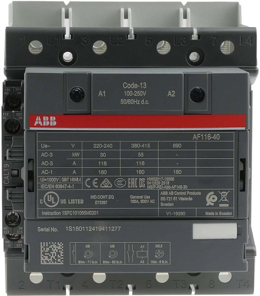 Контактор ABB AF116-40-11B-13 1SFL427102R1311, 4-полюсный, номинальный ток 160 А, мощность 55 кВт, катушка 230 В AC, 4 нормально открытых контакта, напряжение до 690 В AC.