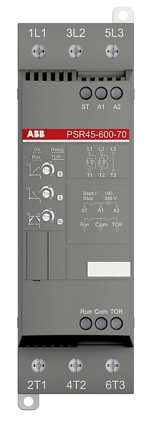 Устройство плавного пуска ABB PSR45-600-70, номинальный ток 45 А, напряжение 208–600 В AC, напряжение управления 100–250 В AC, мощность 22 кВт при 400 В, встроенный байпас, степень защиты IP20