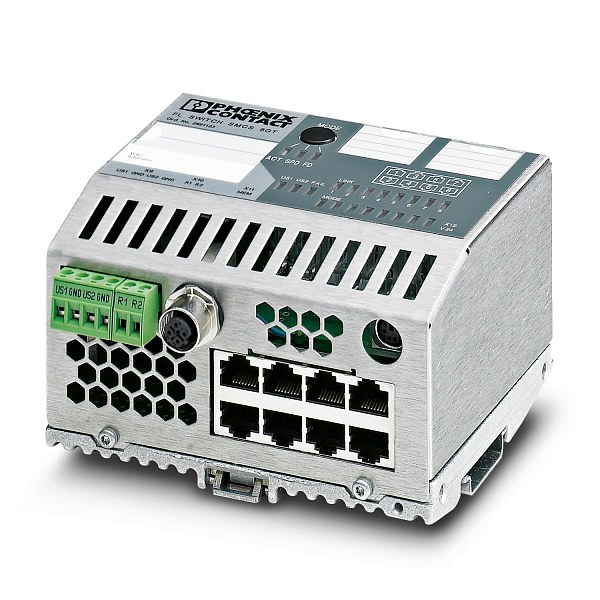 Промышленный коммутатор управляемый Phoenix Contact FL SWITCH SMCS 8GT 2891123, 8 портов 10/100/1000 Мбит/с RJ45, поддержка Auto-Negotiation и Auto-MDI/MDI-X, функции VLAN, QoS, IGMP Snooping, монтаж на DIN-рейку, питание 24 В DC