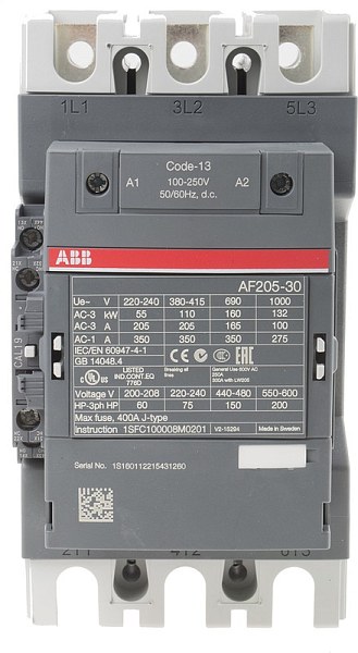 Контактор ABB AF205-30-11-13 1SFL527002R1311, 3-полюсный, номинальный ток 350 А, мощность 110 кВт, катушка 230 В AC, 3 нормально открытых контакта, напряжение до 690 В AC.
