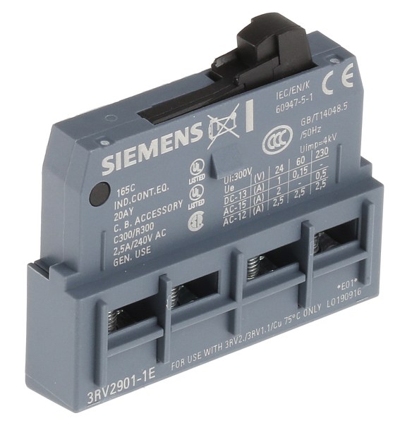 Блок дополнительных контактов Siemens 3RV2901-1E, фронтальный монтаж, 1 замыкающий и 1 размыкающий контакт, винтовые клеммы, для автоматических выключателей серии 3RV2