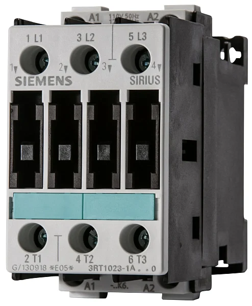 Контактор Siemens 3RT1023-1AF00, 3-полюсный, номинальный ток 10 А, напряжение катушки 110 В AC, вспомогательные контакты 1 NO + 1 NC, винтовые клеммы, размер S0