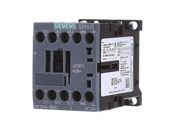 Контактор Siemens 3RT2016-1BB41, 3-полюсный, номинальный ток 9 А, мощность 4 кВт при 400 В AC (50–60 Гц), катушка управления 24 В DC, 1 NO, винтовые клеммы