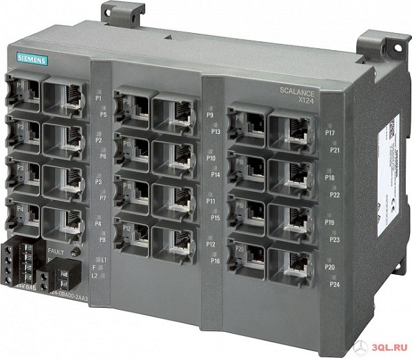 Промышленный коммутатор Siemens SCALANCE X124 6GK5124-0BA00-2AA3, неуправляемый, 24 порта 10/100 Мбит/с RJ45, светодиагностика, сигнальный контакт с кнопкой установки, резервное питание.