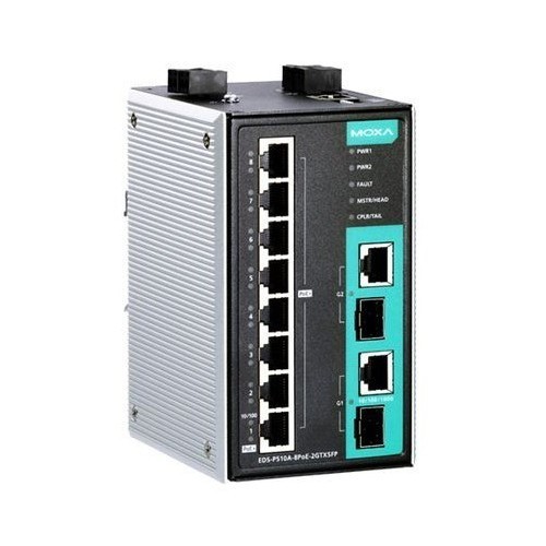 Промышленный коммутатор MOXA EDS-P510A, 8 портов 10/100 Мбит/с PoE+ (до 36 Вт на порт), 2 комбинированных гигабитных порта (RJ45/SFP), поддержка резервирования сети