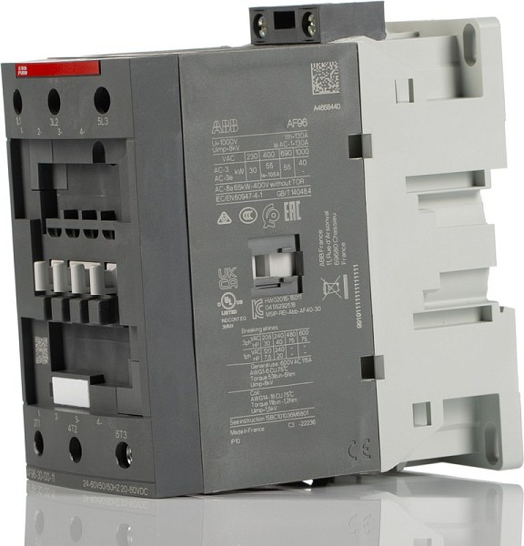 Контактор ABB AF96-30-00-11 1SBL407001R1100, 3-полюсный, номинальный ток 130 А, мощность 45 кВт, катушка 24 В AC/DC, 3 нормально открытых контакта, напряжение до 690 В AC.