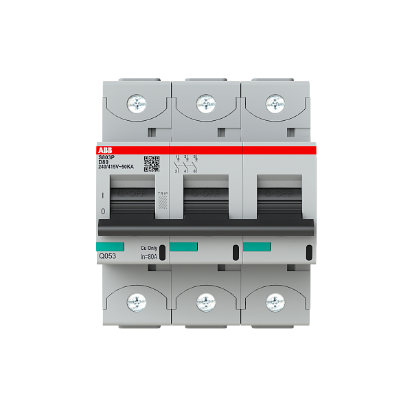 Автоматический выключатель ABB S803P-D80 2CCG001244R0001, 80 А, 3 полюса, характеристика D, 400 В