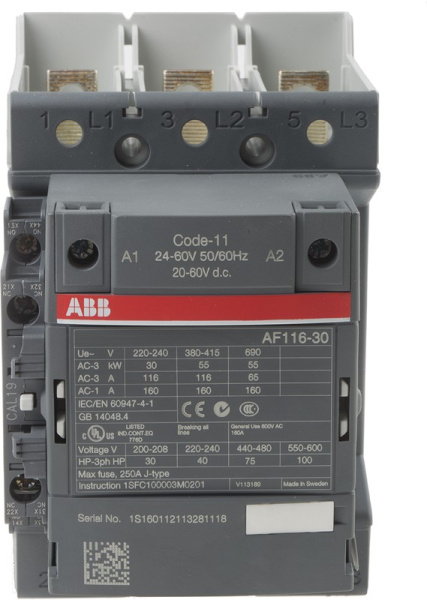 Контактор ABB AF116-30-11B-11 1SFL427002R1111, 3-полюсный, номинальный ток 160 А, мощность 55 кВт, катушка 24 В AC/DC, 3 нормально открытых контакта, напряжение до 690 В AC.